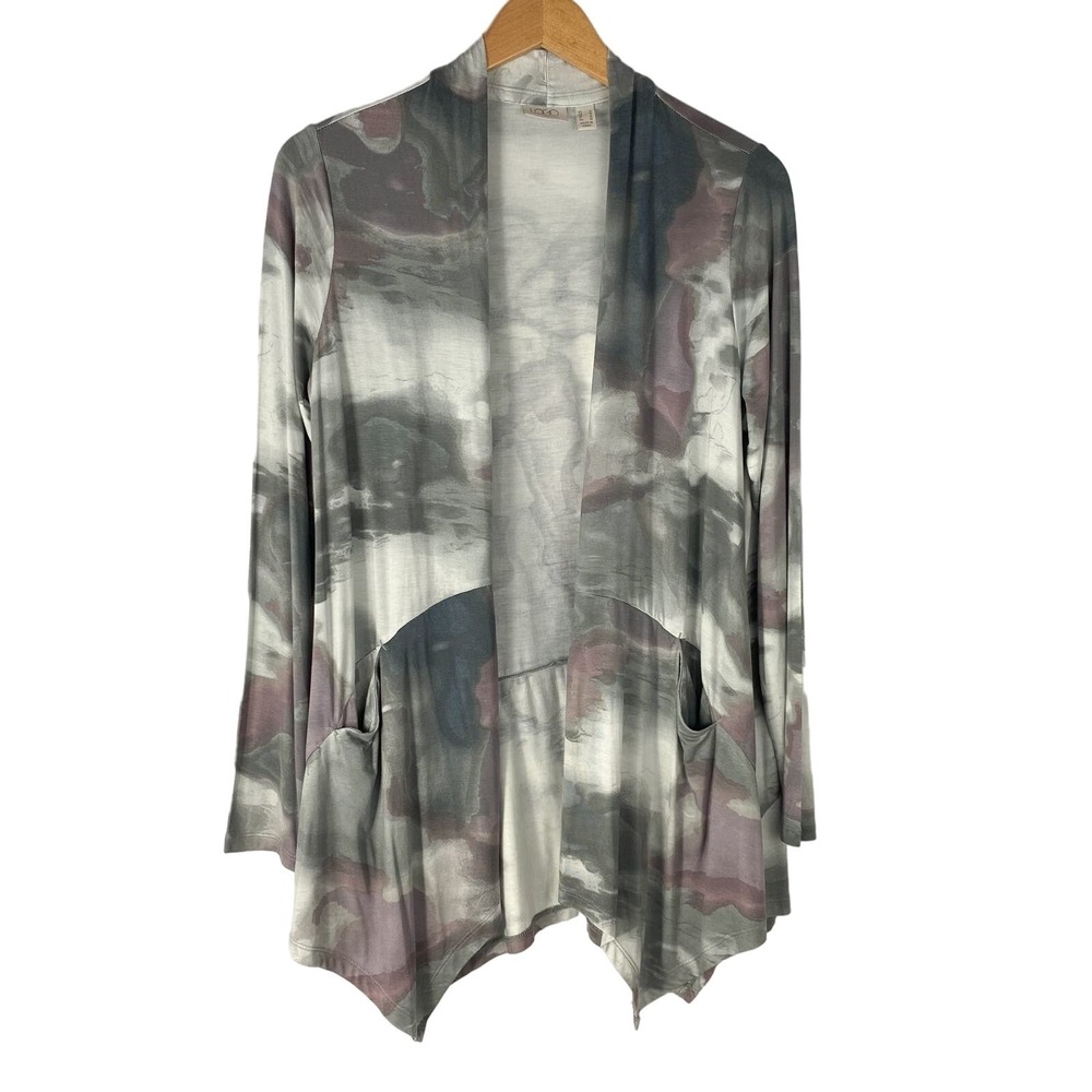 LOGO by Lori Goldstein Boho Watercolor Open Front Pocket Cardigan Women S Gray - Picture 2 of 7